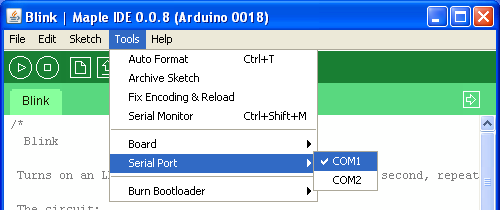 Board type and serial port for Windows XP