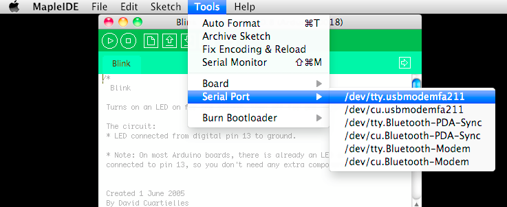 Board type and serial port for the OS X