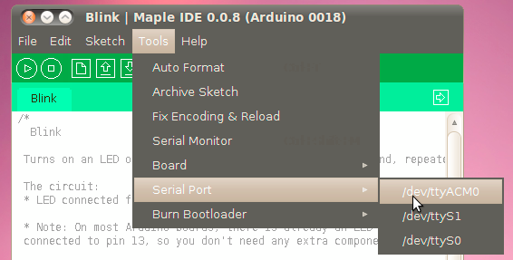 Board type and serial port for Linux